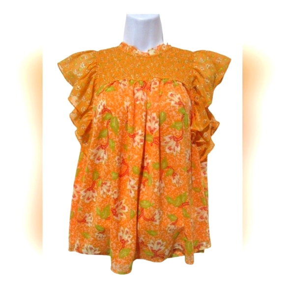 ANTHROPOLOGIE Maison d'Amelie Orange Smocked Blouse Top Size Size Medium - Picture 2 of 6